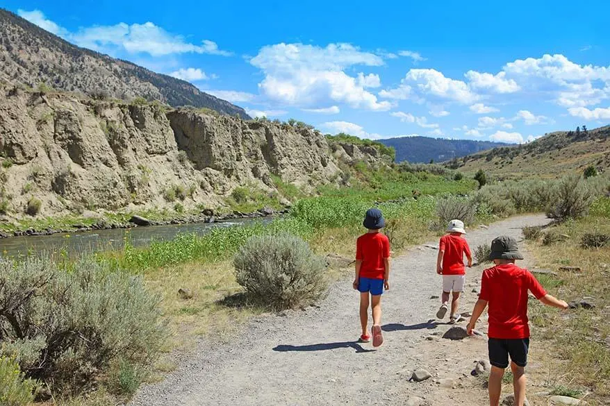 Kids walking on the Boiling River trail in Yellowstone