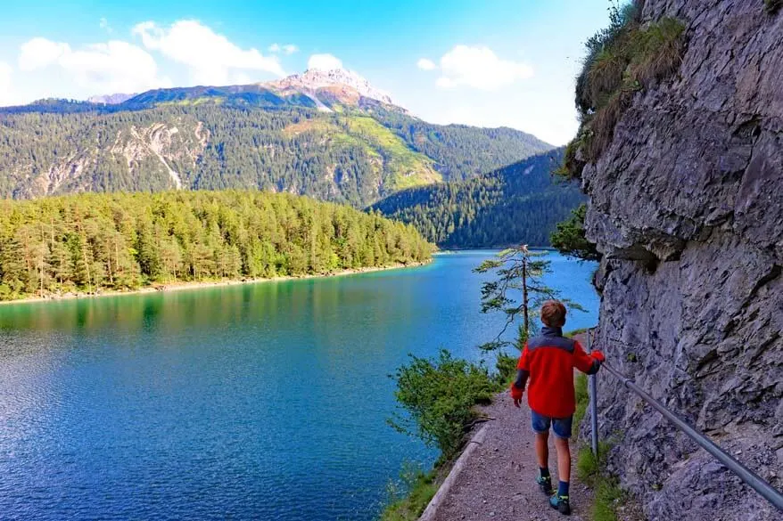 Kids hiking at Blindsee in Tirol Austria