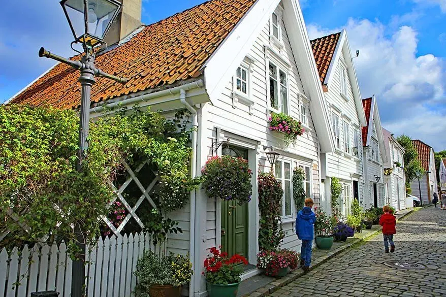 Gamle Stavanger - historic city area with white 18th - 19th century houses in Stavanger Norway