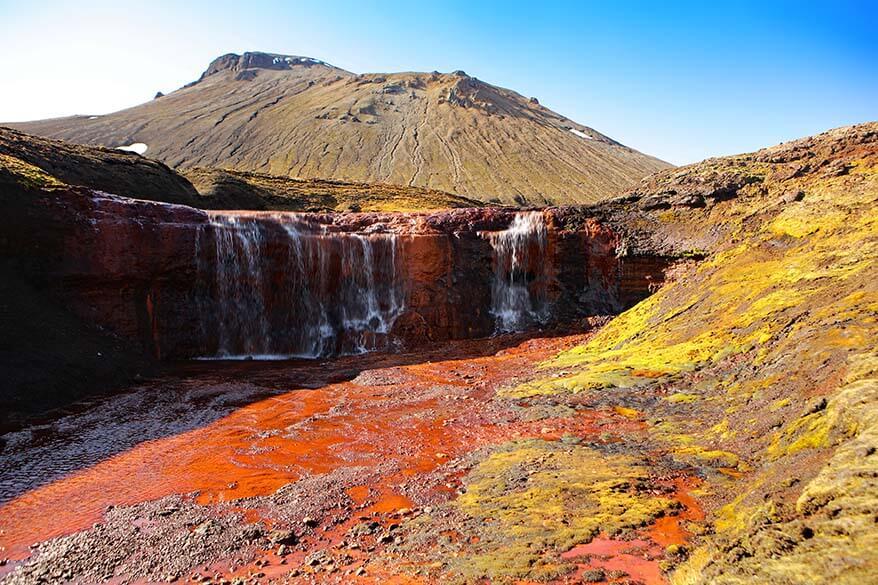 Secret waterfall in Raudufossafjoll, Red Falls Mountains, in Iceland's highlands