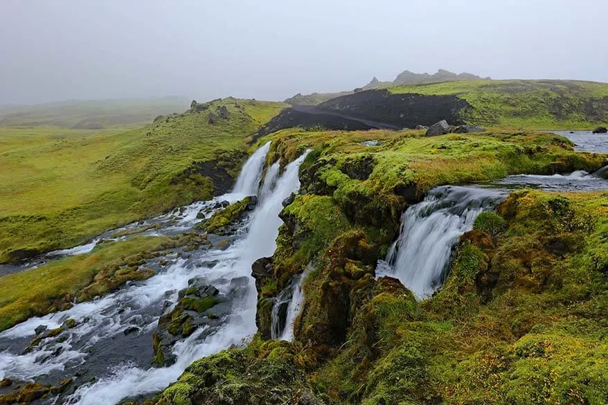 Waterfall along Fjallabaksleidsydri scenic road in Iceland