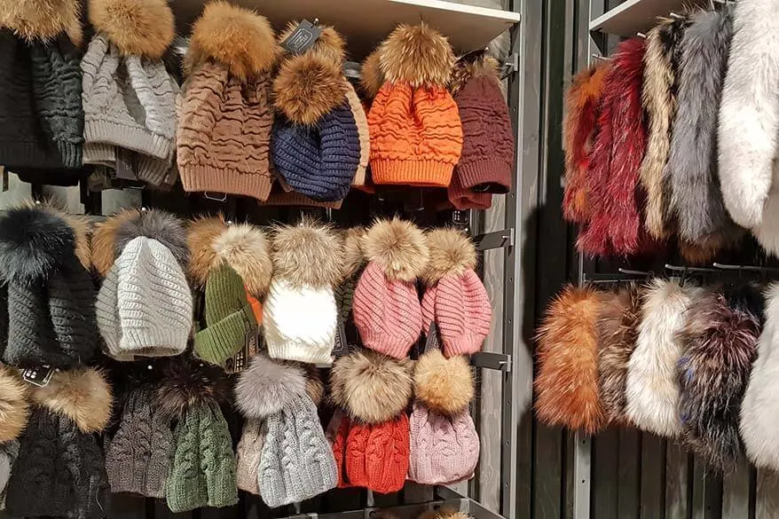 Colorful winter hats for sale in a shop in Iceland