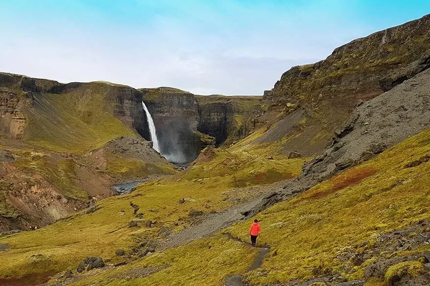 Hiking near Haifoss waterfall in Iceland