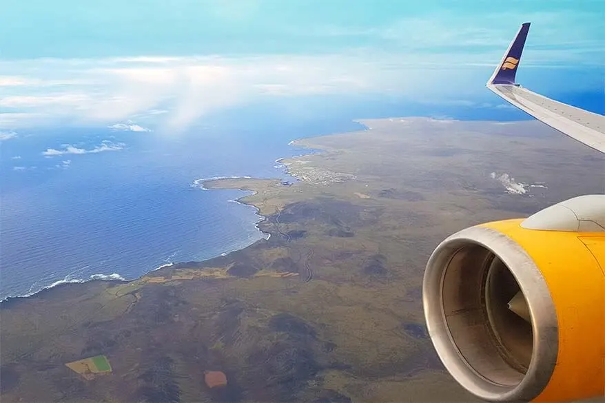Icelandair airplane above the South Coast of Iceland aerial picture