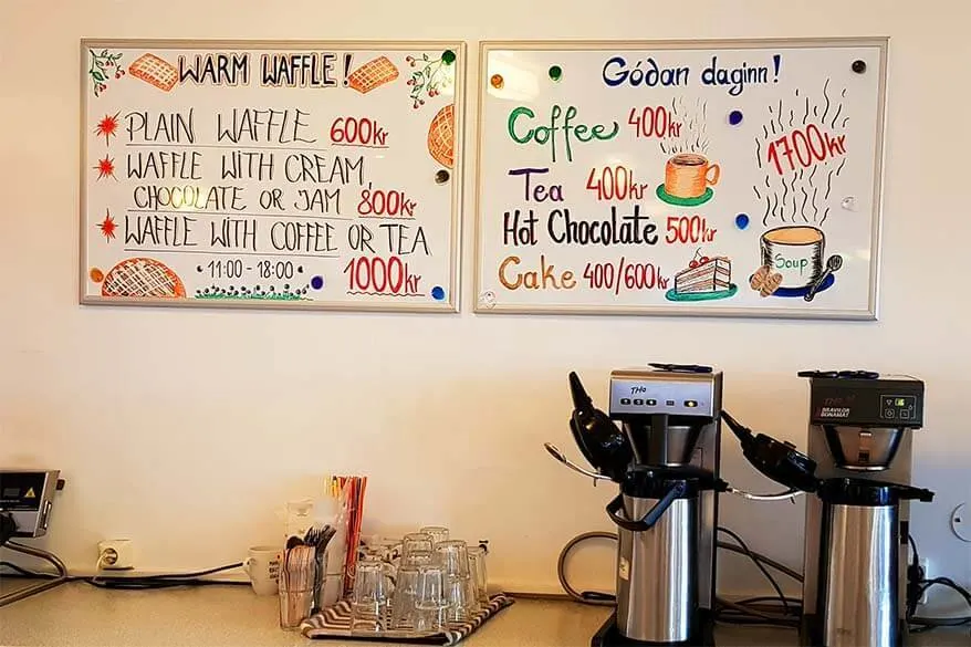 Prices of hot drinks and waffles at a small roadside cafe in Iceland