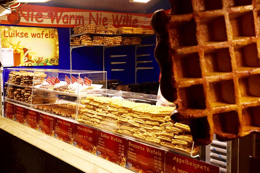 Belgian waffles stand at a local Christmas market