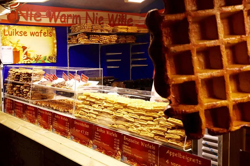 Belgian waffles stand at a local Christmas market