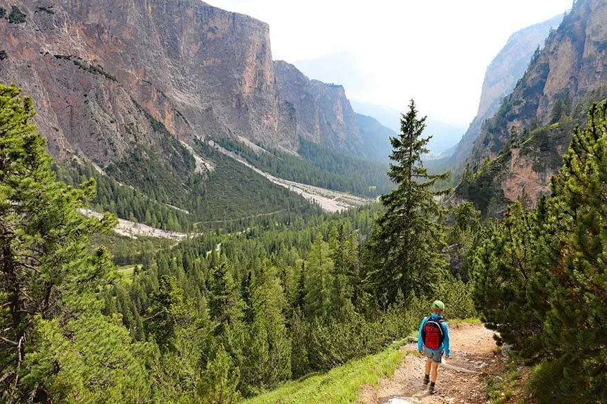 Hiking from Puez Hut to Selva in The Puez-Geisler Nature Park in the Dolomites