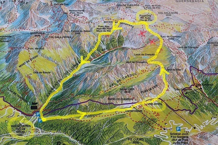 Map of Selva to Rifugio Puez hike starting at Dantercepies cable car in Val Gardena
