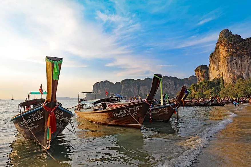 Long tail boats on Railay Beach near Krabi in Thailand