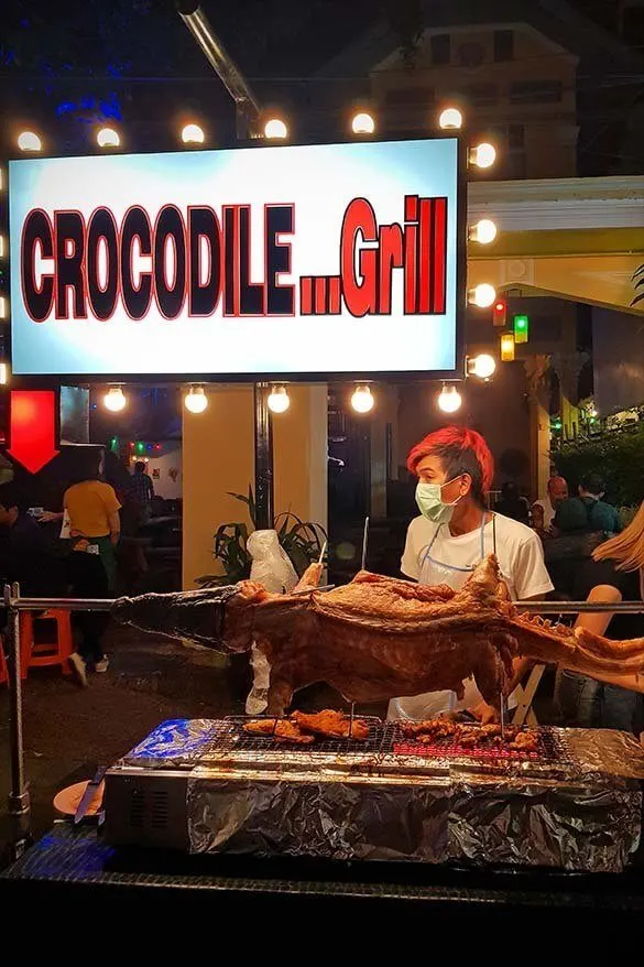 Roasted crocodile for sale on Khao San Road in Bangkok