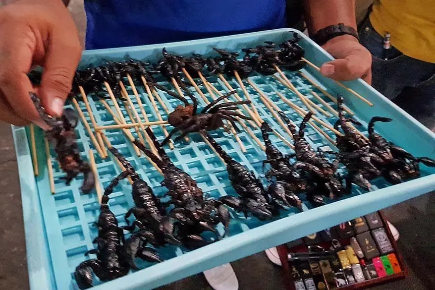 Scorpions on a stick for sale on Khao San road in Bangkok