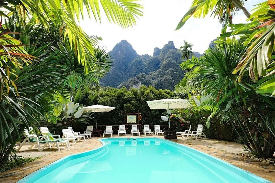 Swimming pool in the luxury jungle resort Elephant Hills in Khao Sok National Park Thailand