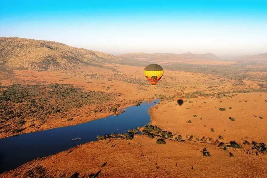 Hot air balloon above Pilanesberg National Park in South Africa