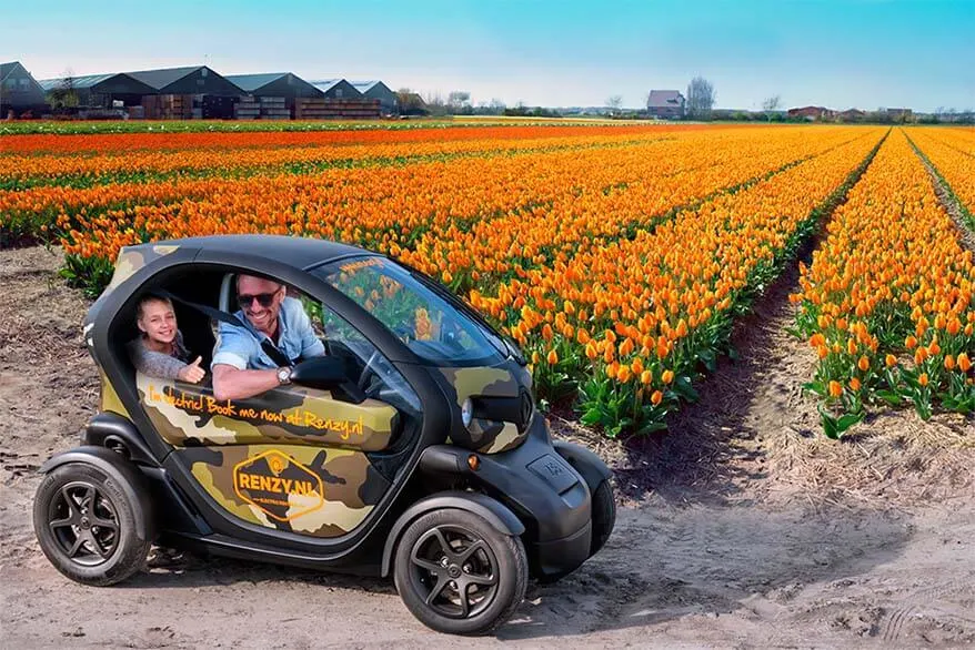 Electric car is a fun way to see Lisse tulip fields near Keukenhof on your own