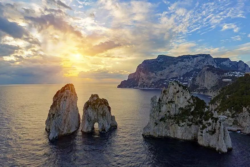 Faraglioni rocks in Capri Italy at sunset