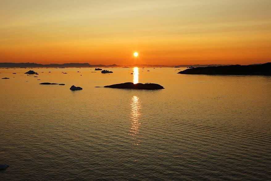 Midnight sun in Ilulissat in Western Greenland