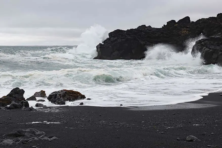 Big waves on a black sand beach at Selatangar on Reykjanes Peninsula in Iceland