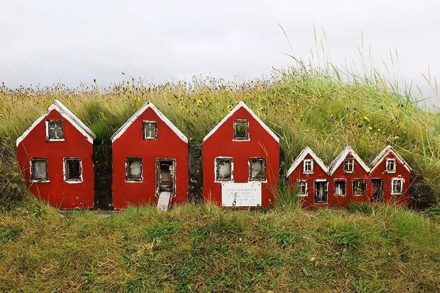 Little red elf houses on Reykjanes Peninsula in Iceland