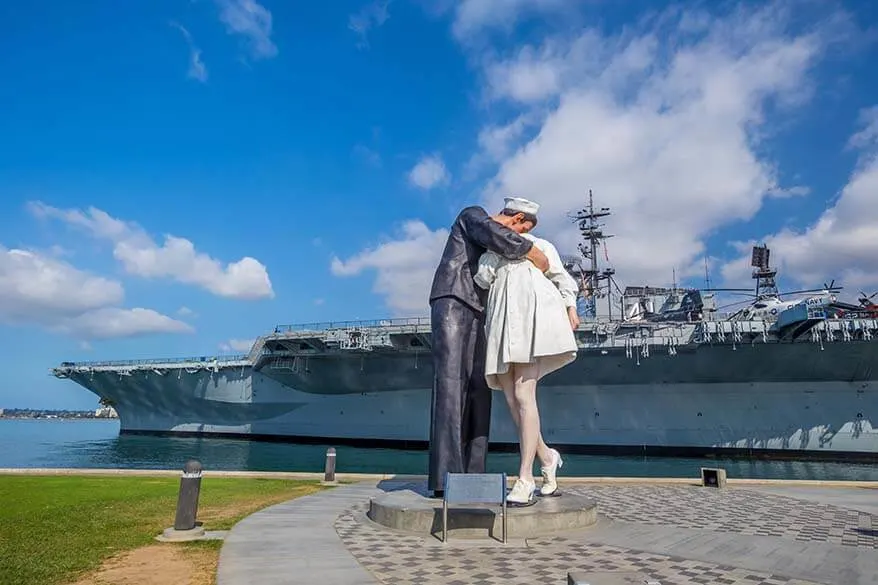 Unconditional Surrender sculpture, also known as the statue 'Embracing Peace' and USS Midway Museum in San Diego California