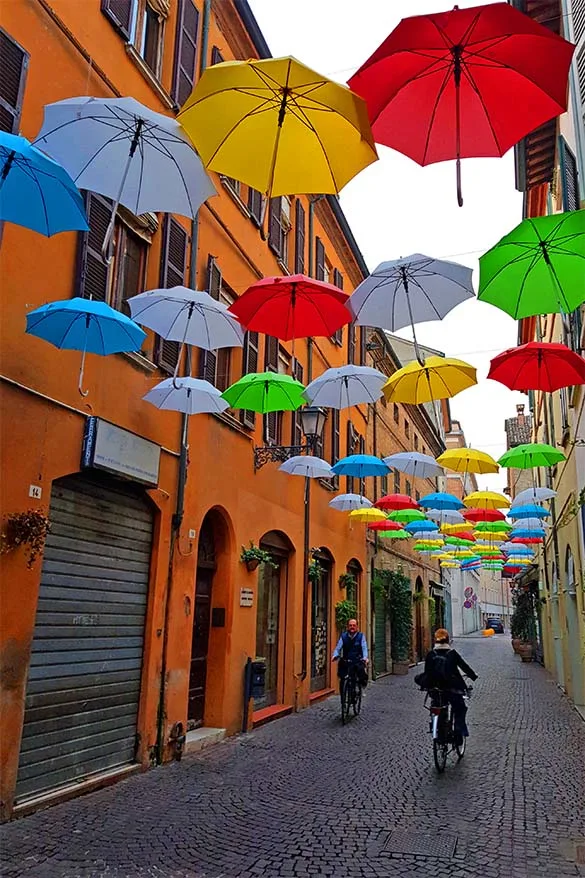 Colorful umbrella street in Ravenna Italy