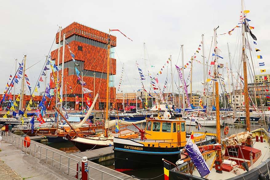 MAS museum and boats of Eilandje district in Antwerp Belgium