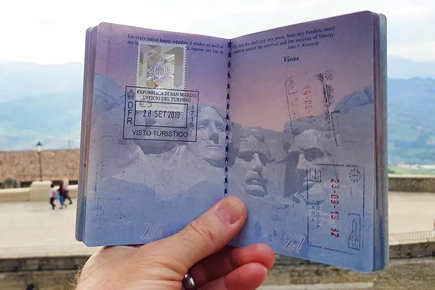 San Marino tourist visa and stamp in an American passport - visiting the Republic of San Marino