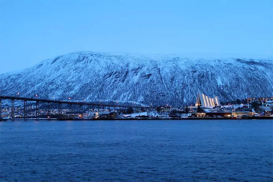 View over Arctic Cathedral from Tromso harbor