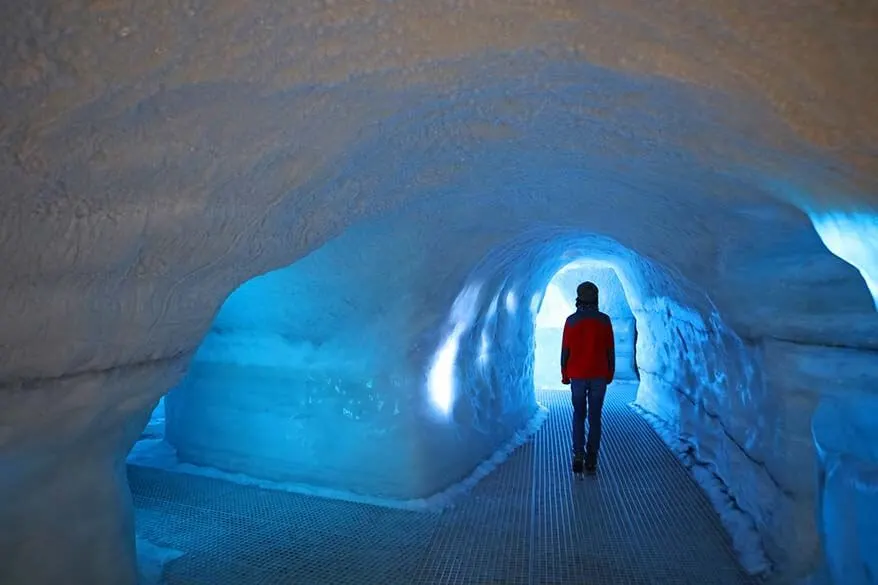 Walking inside an ice tunnel at Perlan Museum in Reykjavik Iceland
