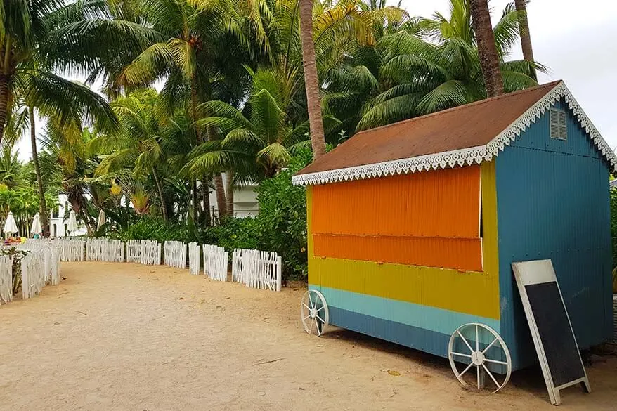 Colorful food trucks at the beach of The Ravenala Attitude resort in Mauritius