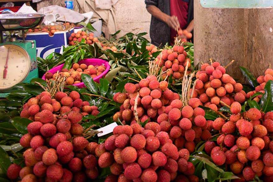Lychee fruit for sale at Port Louis Central Market in Mauritius