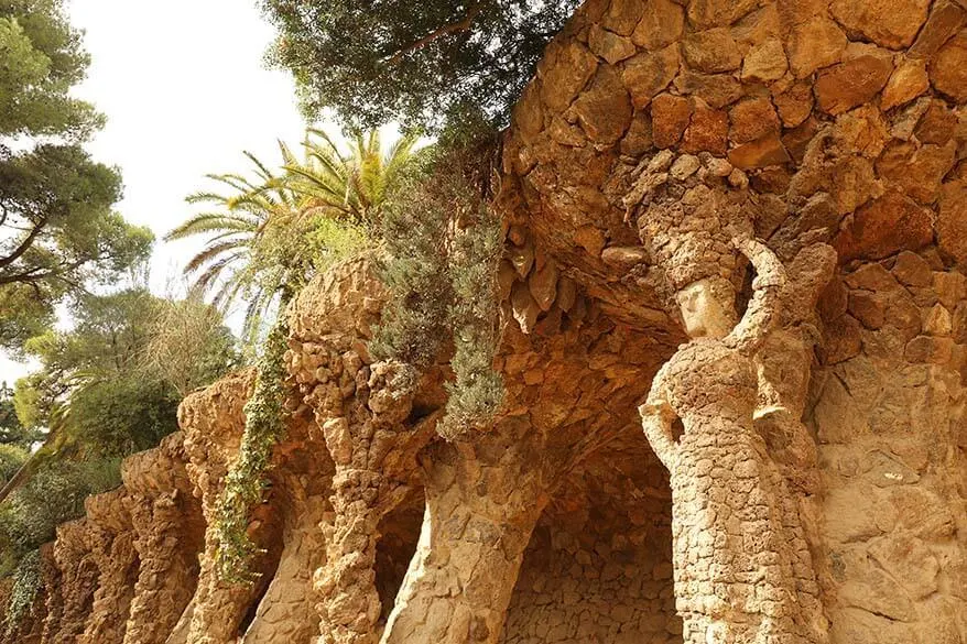Sculptures and a garden designed by Gaudi in Park Guell in Barcelona
