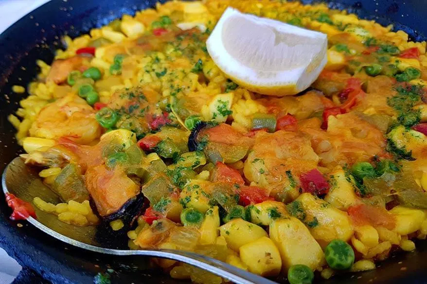 Spanish seafood Paella at a local restaurant in Barcelona