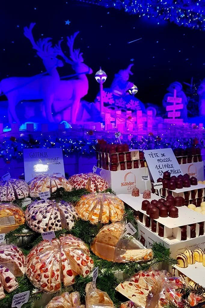 Belgian nougat and other sweets for sale at a Christmas market in Brussels