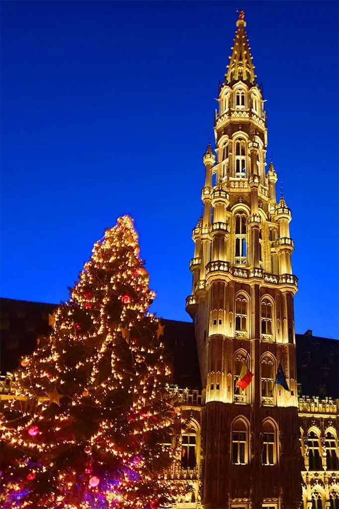Brussels Christmas tree and the tower of City Hall