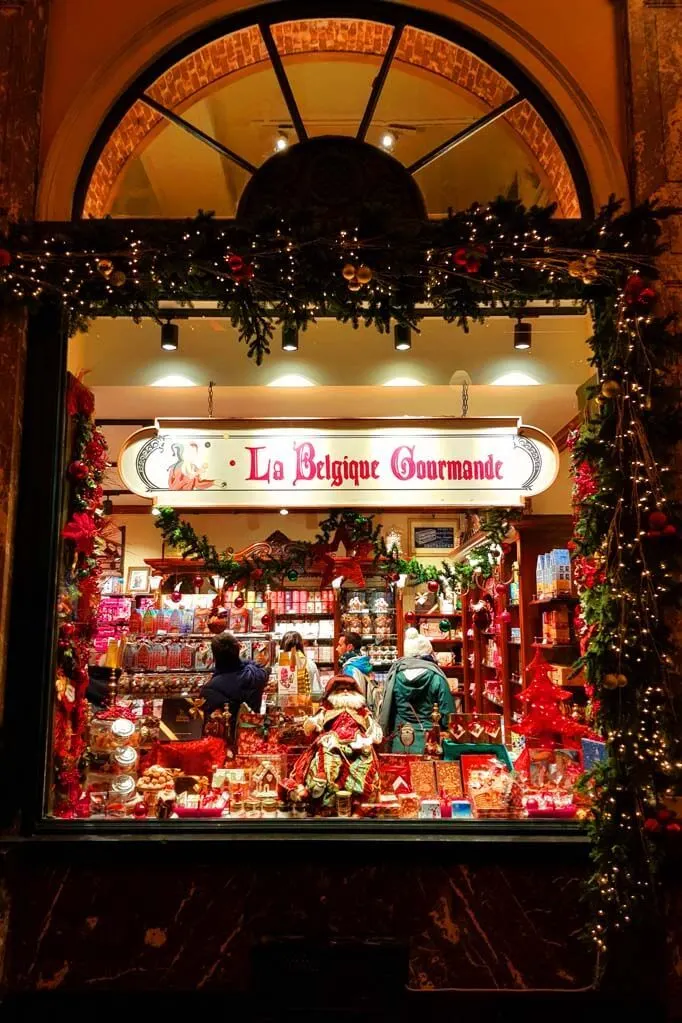 Christmas decorations at La Belgique Gourmande shop in Brussels