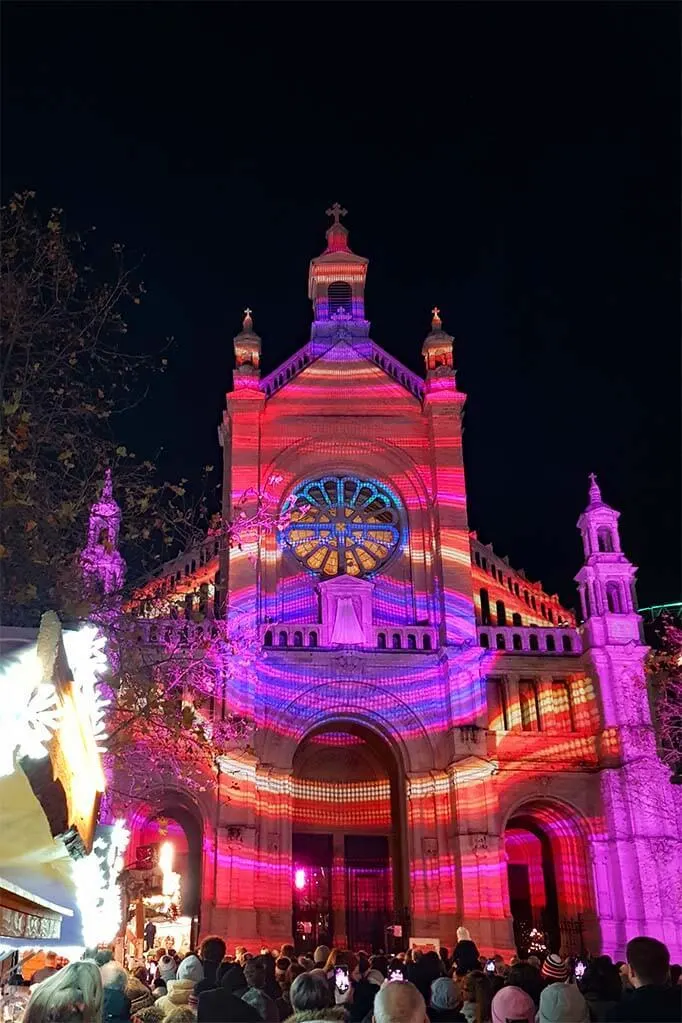 Light projections on the St Catherine Church during festive season of Brussels Christmas market