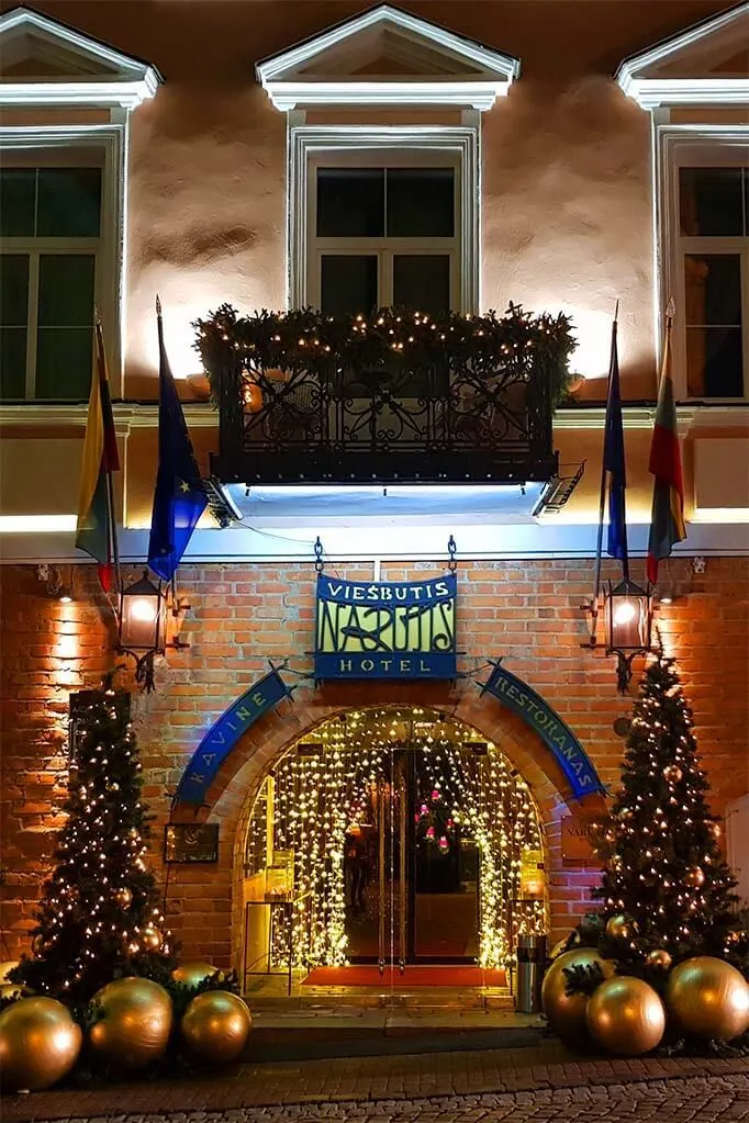 Luxury Narutis hotel in Vilnius old town with Christmas decorations