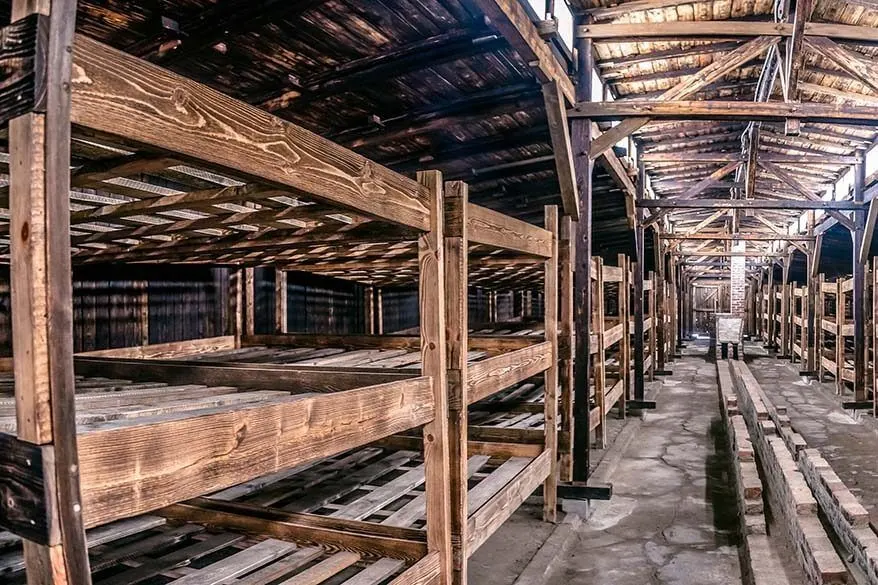 Bunk beds inside the barracks at Auschwitz concentration camp