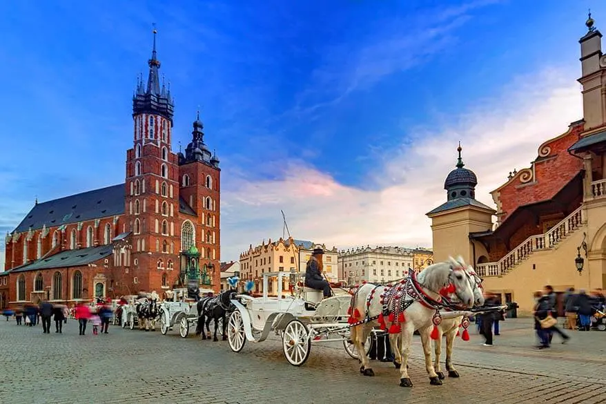 Horses and carriages on the Market Square in Krakow