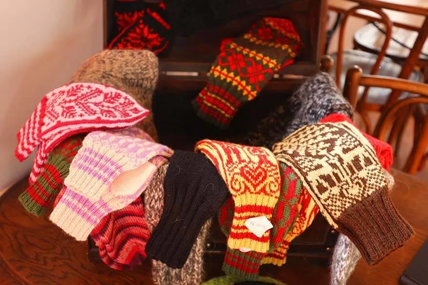 Icelandic wool socks and mittens for sale at Franska Kaffihusid in the Westfjords