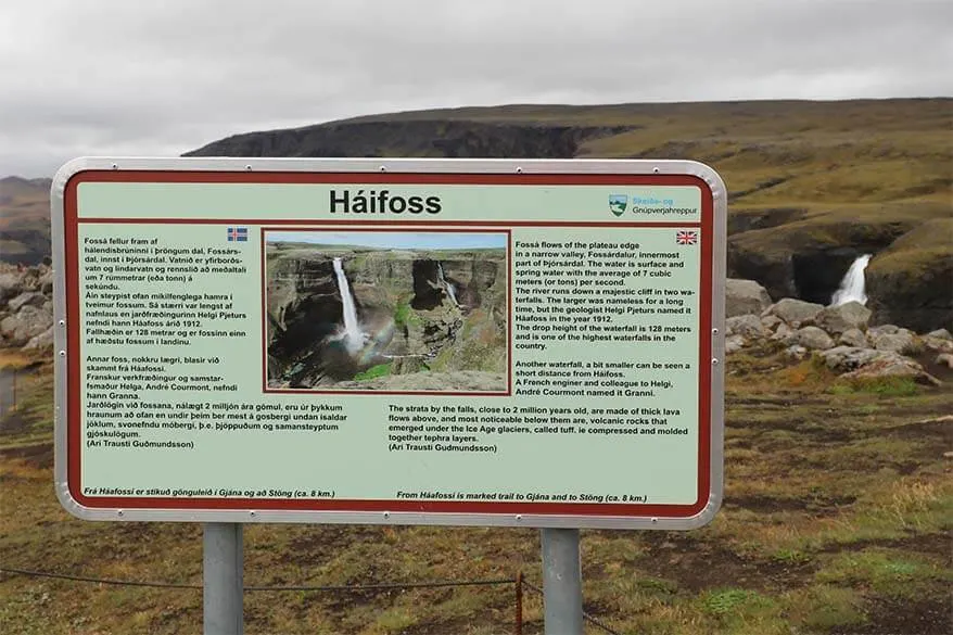 Information panel at Haifoss waterfall in Iceland