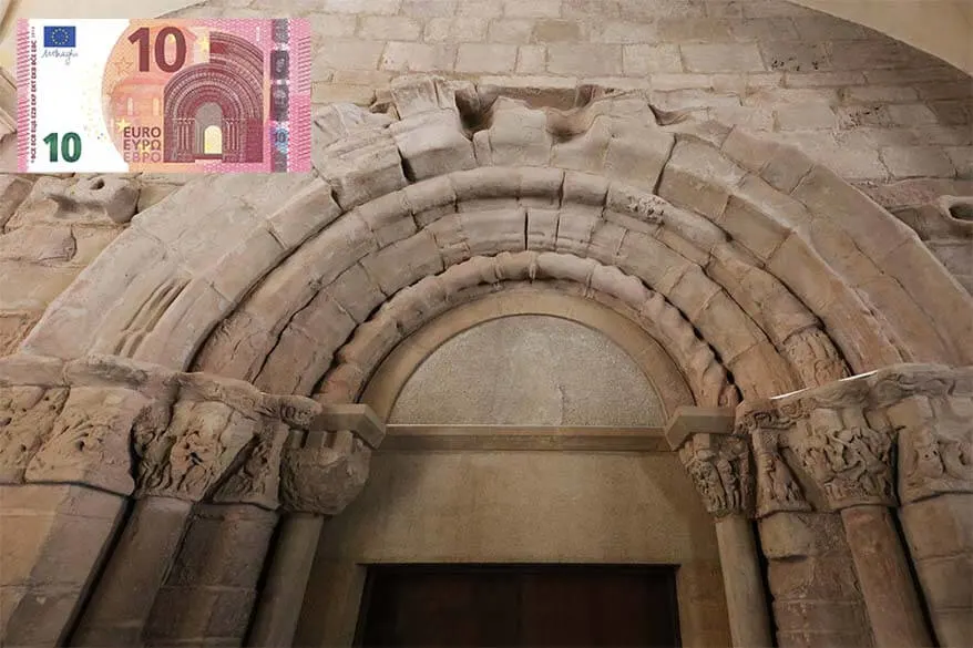 Montserrat Monastery doorway and a 10 EUR note depicting it