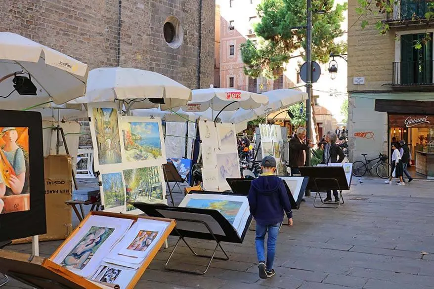 Street vendors selling art in Barcelona old town