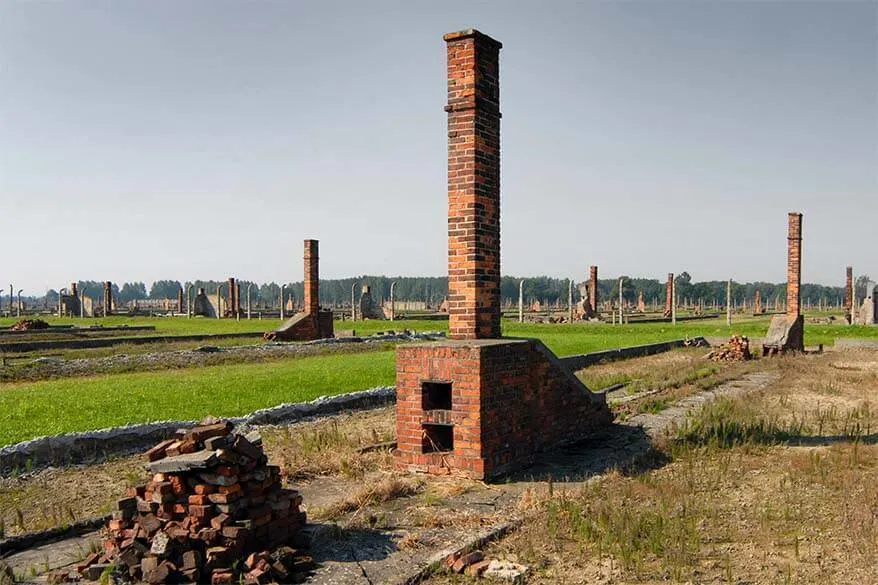 The ruins of barracks and chimneys at Auschwitz Birkenau