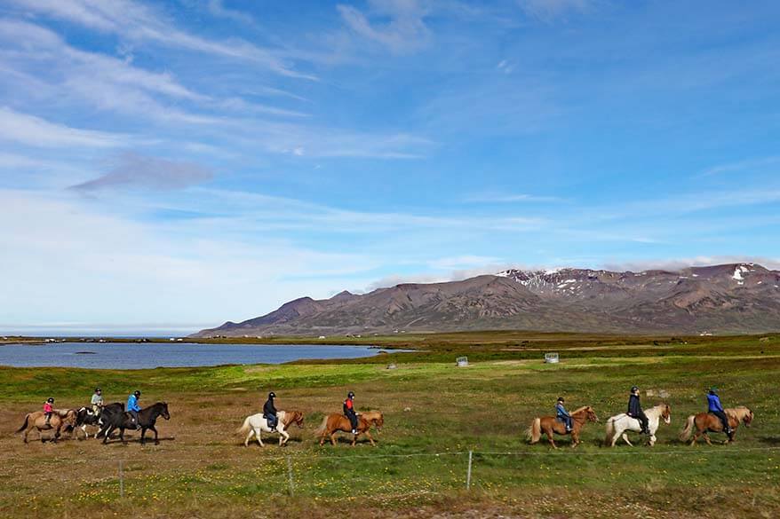 Horse riding near Langhus farm at Hópsvatn in North Iceland