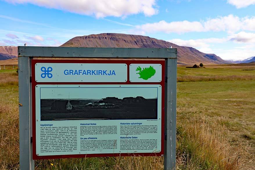 Information panel at Grafarkirkja turf church