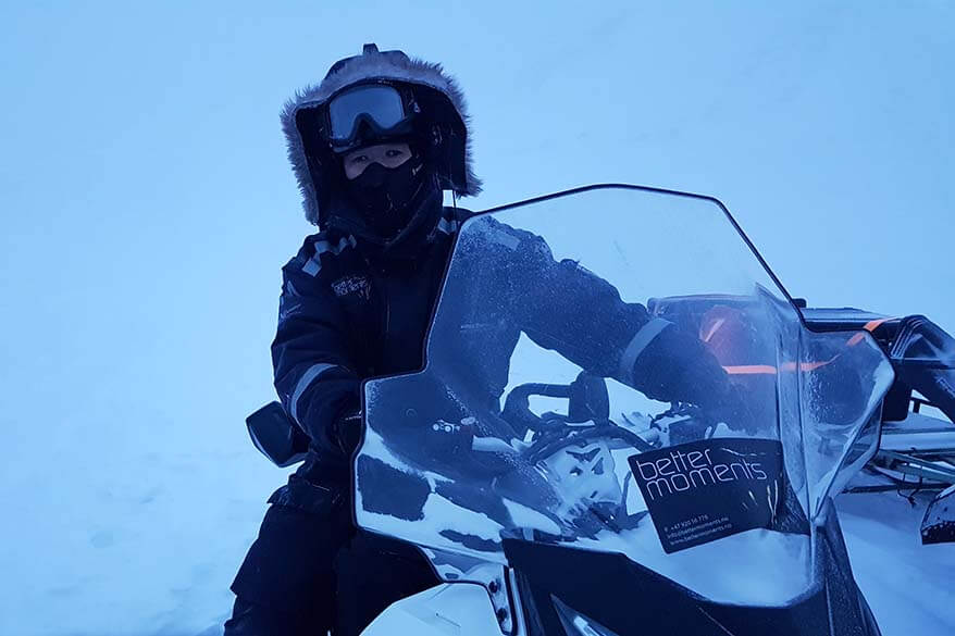 Jurga dressed up for snowmobiling in Svalbard