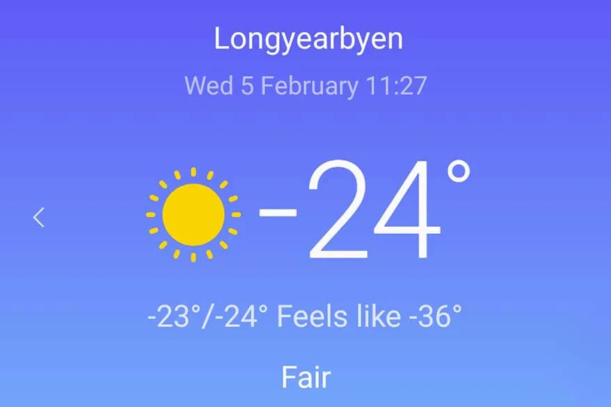 Pronóstico del tiempo de Longyearbyen en febrero, un día antes de mi viaje