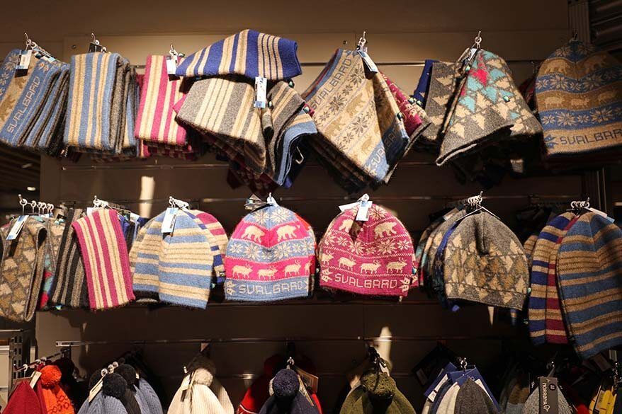 Neck warmers and winter hats for sale in a shop in Longyearbyen, Svalbard